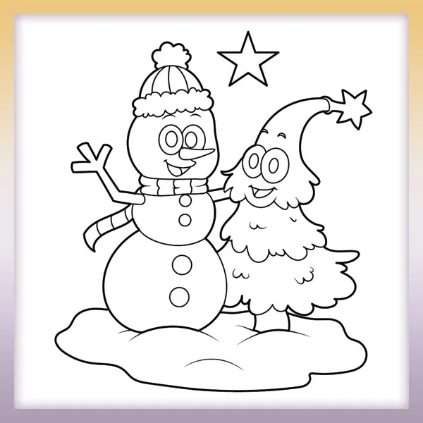 Schneemann und Weihnachtsbaum | Online-Malvorlagen für Kinder