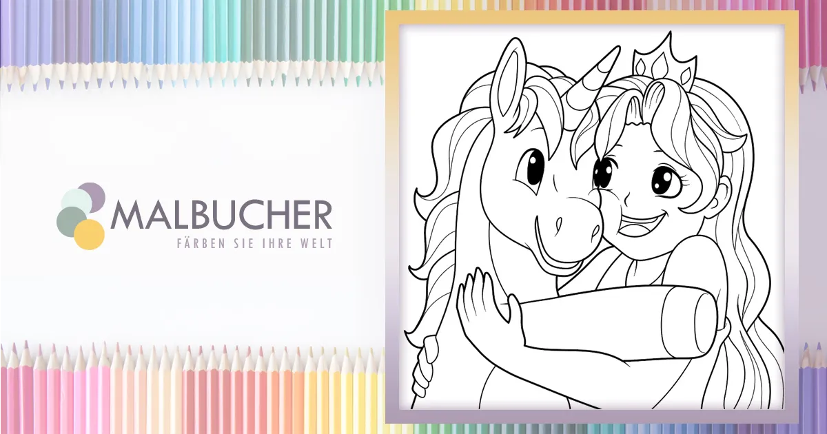 Prinzessin umarmt ein Einhorn – Malbucher.de