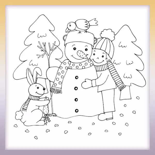 Junge mit einem Schneemann - Online-Malvorlagen für Kinder