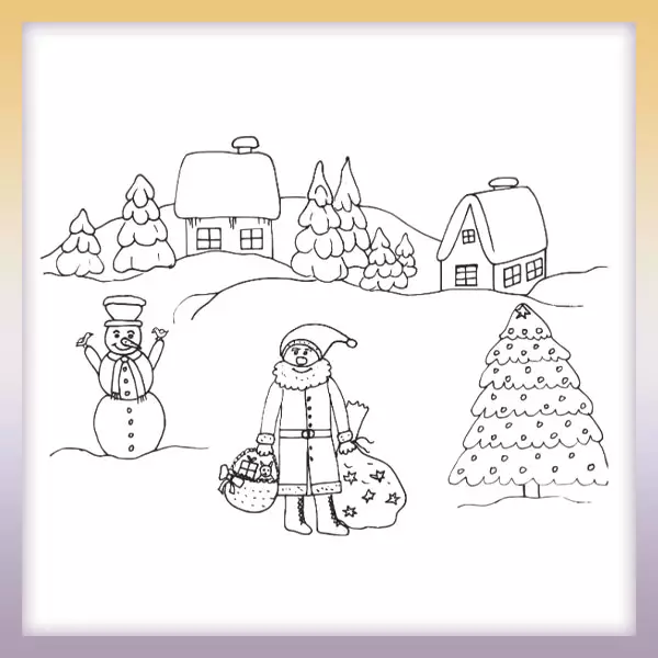 Weihnachtsmann und Winterlandschaft - Online-Malvorlagen für Kinder